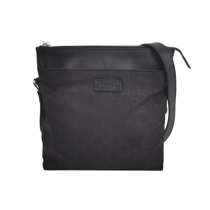 Gucci GG Retro牛皮尼龍布老花皮標Logo單肩包-0
