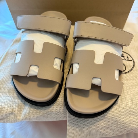💖Hermes 二舅鞋 拖鞋 米色 淺奶灰色 37號💖 全新全配