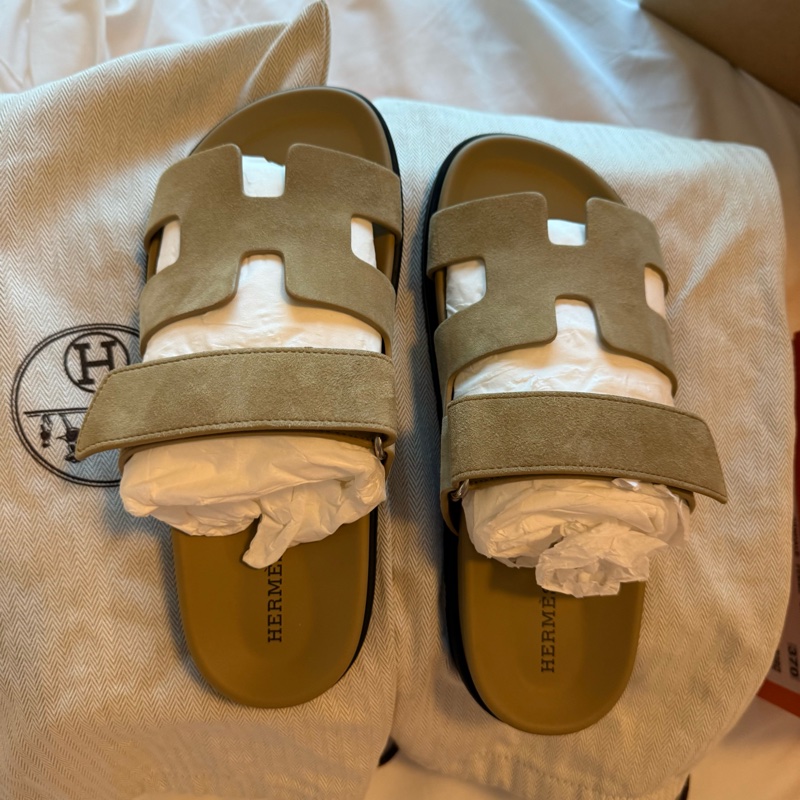💖Hermes 二舅鞋 拖鞋 麂皮 米駝色 37.5號💖 全新全配-0