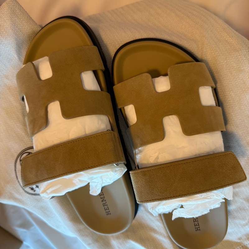 💖Hermes 二舅鞋 拖鞋 麂皮 米駝色 37.5號💖 全新全配-2