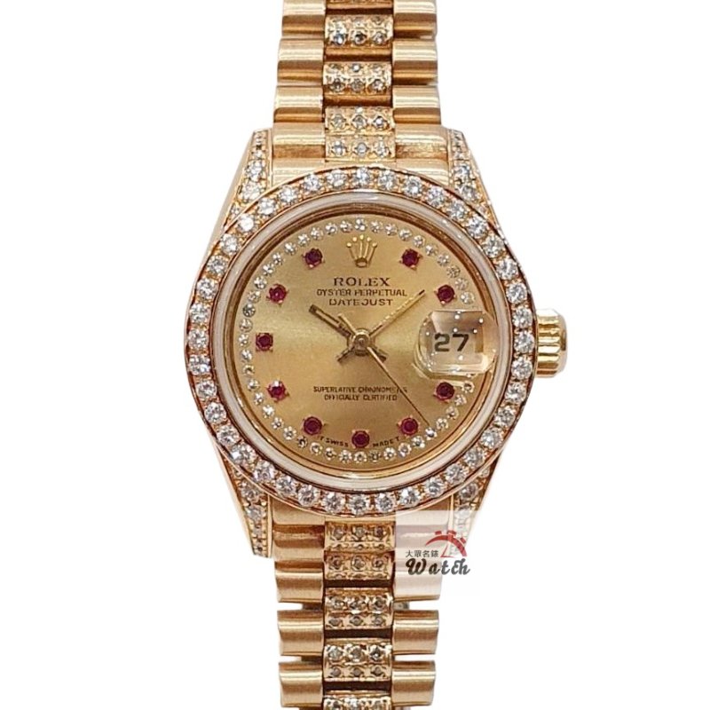 【大眾名錶】ROLEX勞力士 69158 Datejust 18K女錶 原廠鑽圈/鑽腳 小紅寶多層鑽面盤 後加鑽石錶帶 大眾名錶G264-0
