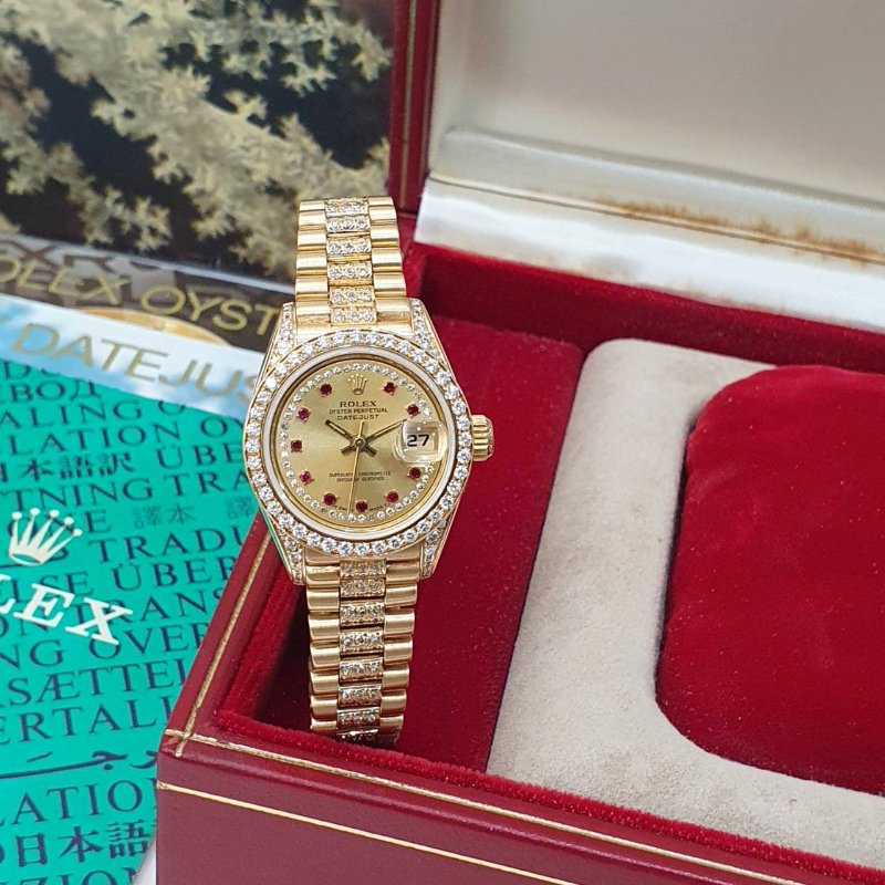 【大眾名錶】ROLEX勞力士 69158 Datejust 18K女錶 原廠鑽圈/鑽腳 小紅寶多層鑽面盤 後加鑽石錶帶 大眾名錶G264-1