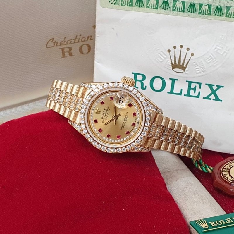 【大眾名錶】ROLEX勞力士 69158 Datejust 18K女錶 原廠鑽圈/鑽腳 小紅寶多層鑽面盤 後加鑽石錶帶 大眾名錶G264-2