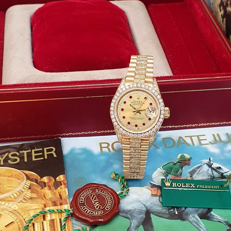 【大眾名錶】ROLEX勞力士 69158 Datejust 18K女錶 原廠鑽圈/鑽腳 小紅寶多層鑽面盤 後加鑽石錶帶 大眾名錶G264-3