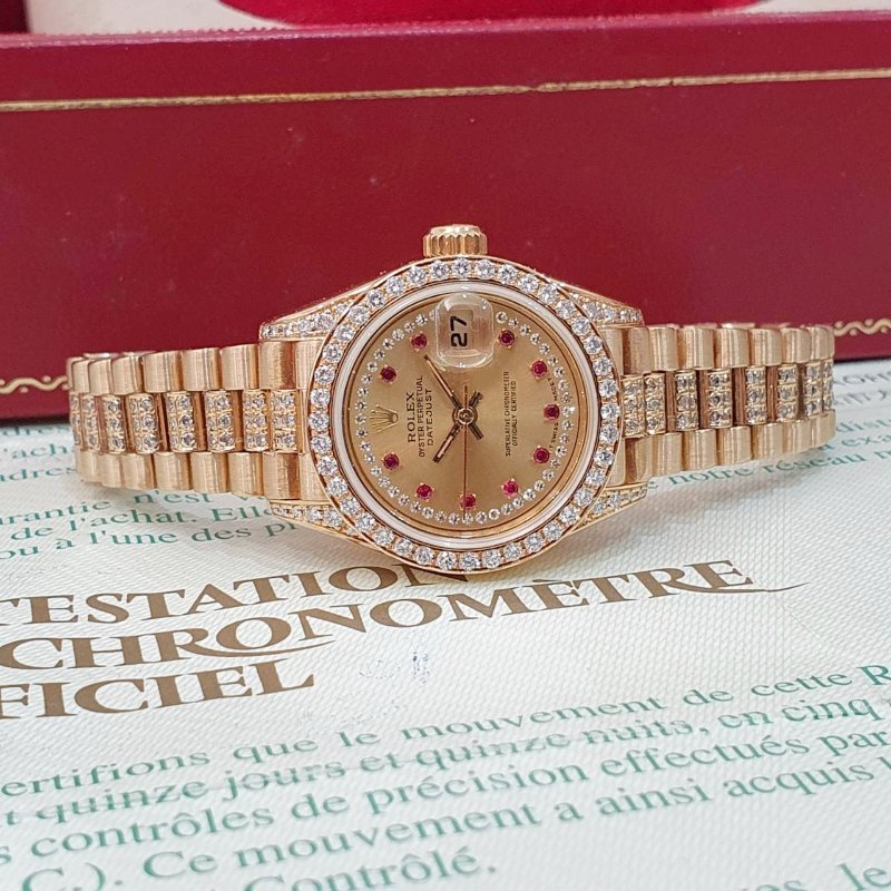 【大眾名錶】ROLEX勞力士 69158 Datejust 18K女錶 原廠鑽圈/鑽腳 小紅寶多層鑽面盤 後加鑽石錶帶 大眾名錶G264-4