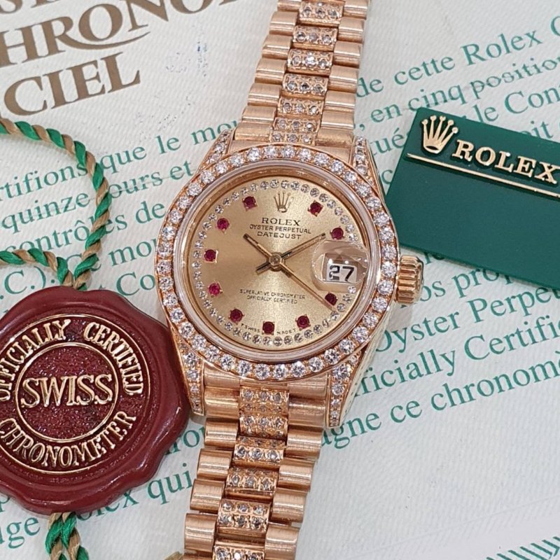 【大眾名錶】ROLEX勞力士 69158 Datejust 18K女錶 原廠鑽圈/鑽腳 小紅寶多層鑽面盤 後加鑽石錶帶 大眾名錶G264-5