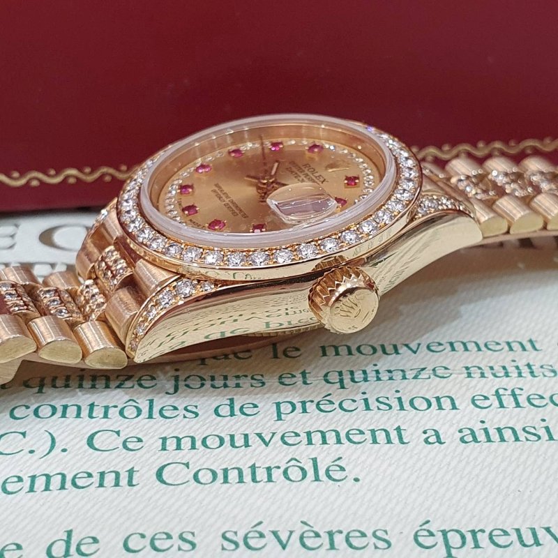 【大眾名錶】ROLEX勞力士 69158 Datejust 18K女錶 原廠鑽圈/鑽腳 小紅寶多層鑽面盤 後加鑽石錶帶 大眾名錶G264-6