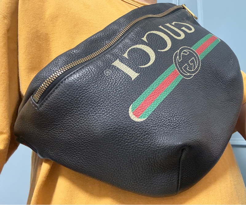 Gucci 古馳黑色印花腰包 493869 牛皮胸腰包 腰胯包 斜背包-2