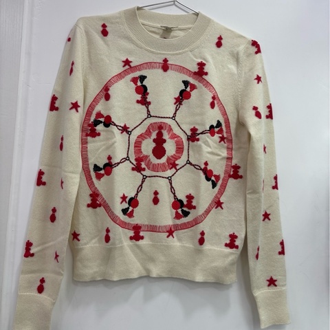 Hermes愛馬仕 白底紅刺繡山羊絨毛衣 40碼