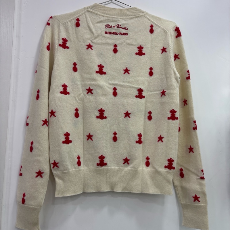 Hermes愛馬仕 白底紅刺繡山羊絨毛衣 40碼-1