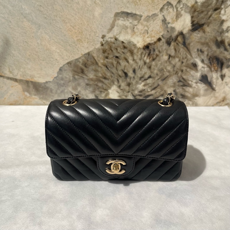 Chanel 黑羊皮山形紋金釦CF 20cm-0