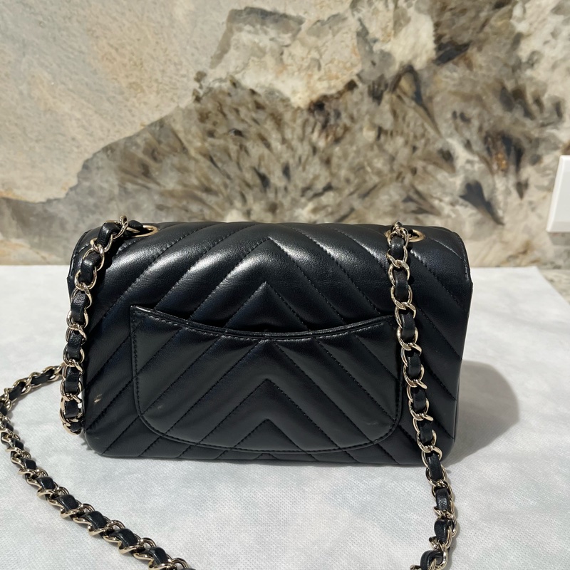 Chanel 黑羊皮山形紋金釦CF 20cm-3