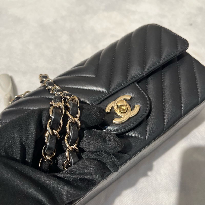 Chanel 黑羊皮山形紋金釦CF 20cm-8