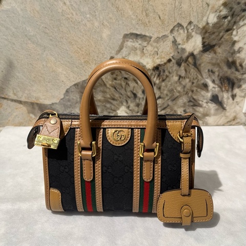 Gucci 黑帆布拚棕皮波士頓手提斜背兩用包