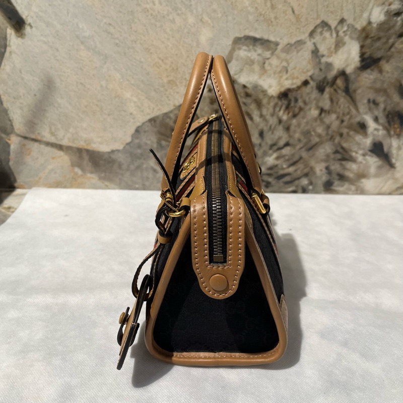 Gucci 黑帆布拚棕皮波士頓手提斜背兩用包-1