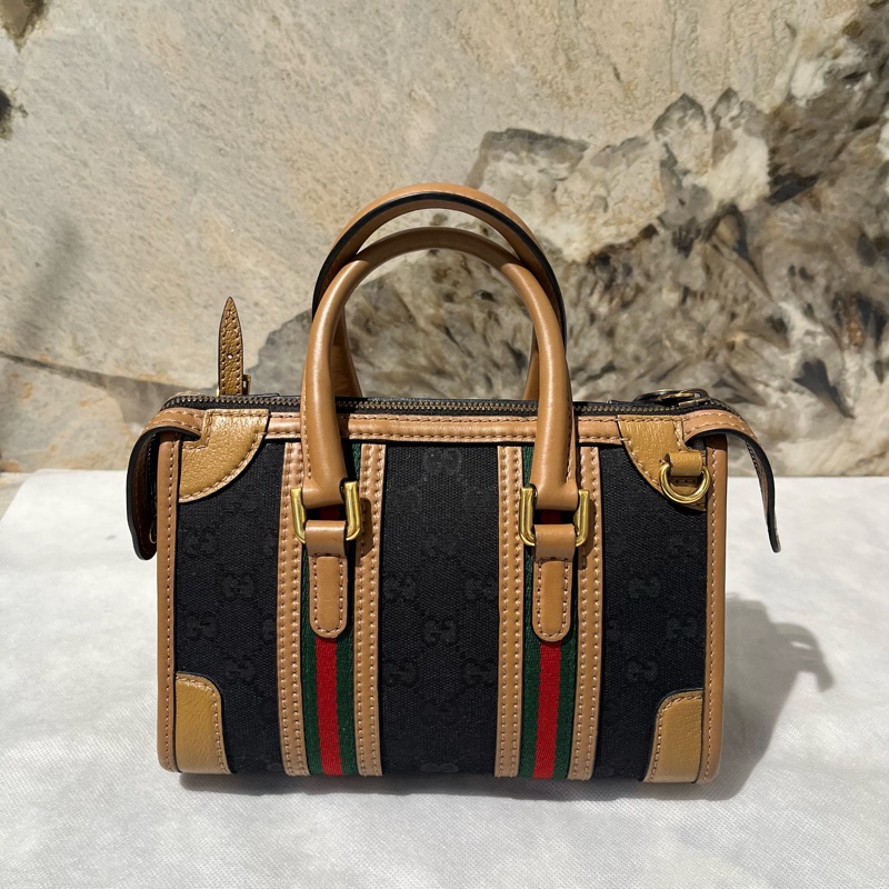 Gucci 黑帆布拚棕皮波士頓手提斜背兩用包-2