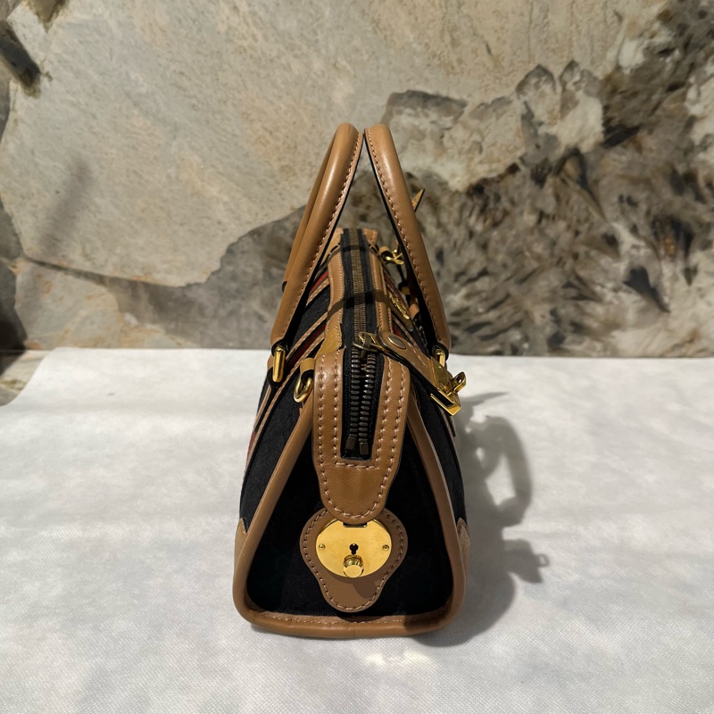 Gucci 黑帆布拚棕皮波士頓手提斜背兩用包-3