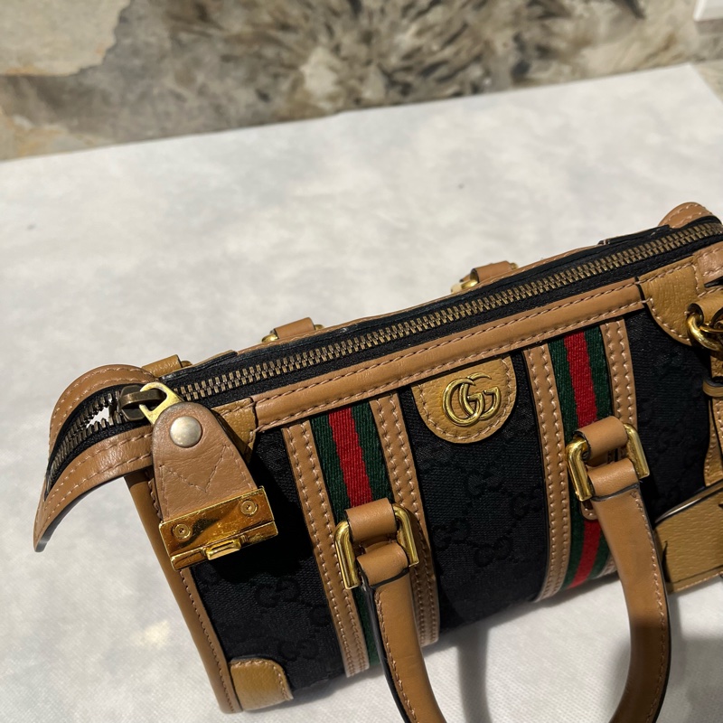 Gucci 黑帆布拚棕皮波士頓手提斜背兩用包-5