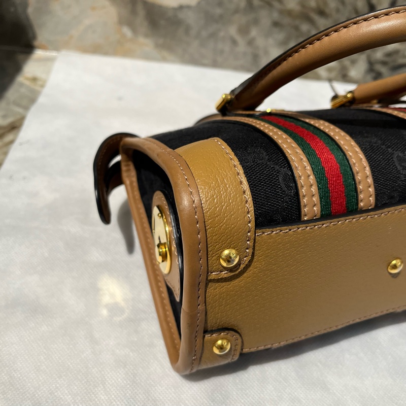 Gucci 黑帆布拚棕皮波士頓手提斜背兩用包-6