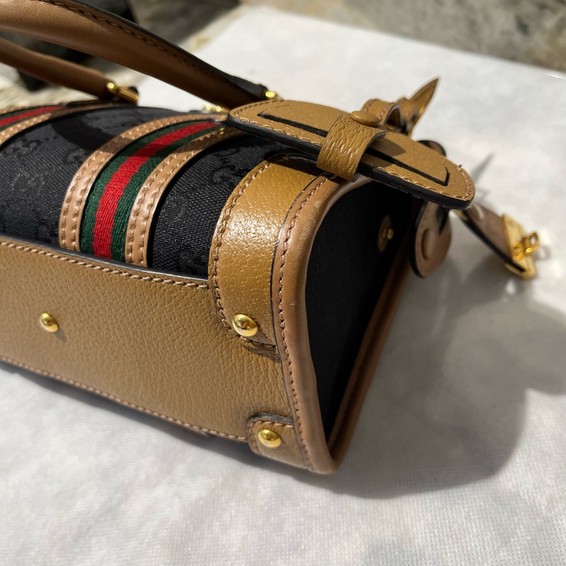 Gucci 黑帆布拚棕皮波士頓手提斜背兩用包-7