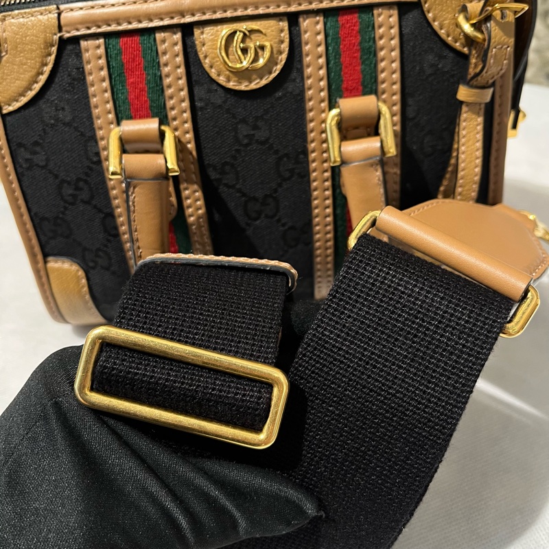 Gucci 黑帆布拚棕皮波士頓手提斜背兩用包-9