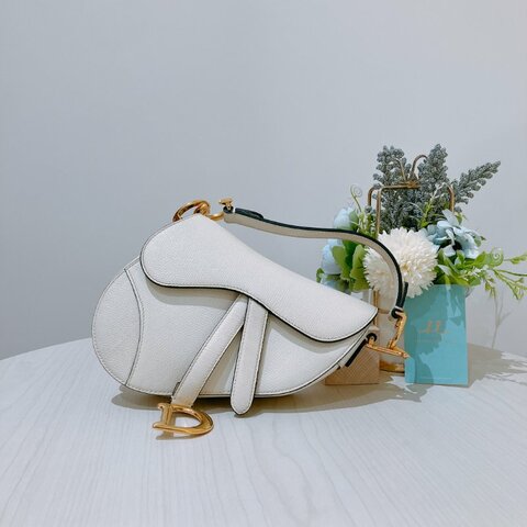 TK2036	 迪奧 迷你 白色 馬鞍包 Christian Dior Mini Saddle Bag With Strap Latte Grained Calfskin White X PHW