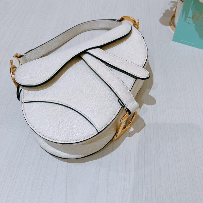 TK2036	 迪奧 迷你 白色 馬鞍包 Christian Dior Mini Saddle Bag With Strap Latte Grained Calfskin White X PHW-4