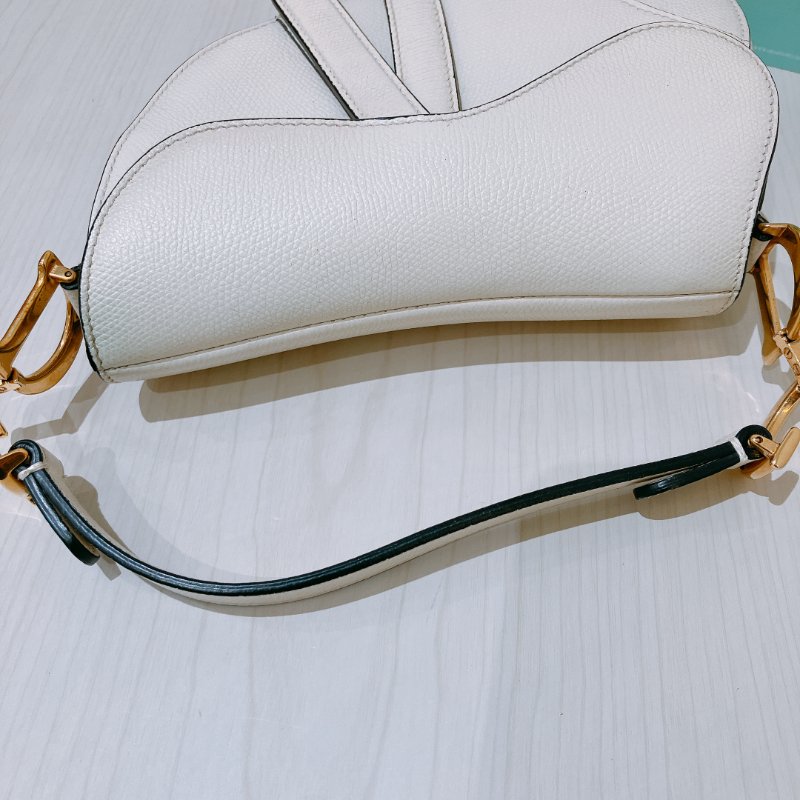 TK2036	 迪奧 迷你 白色 馬鞍包 Christian Dior Mini Saddle Bag With Strap Latte Grained Calfskin White X PHW-5