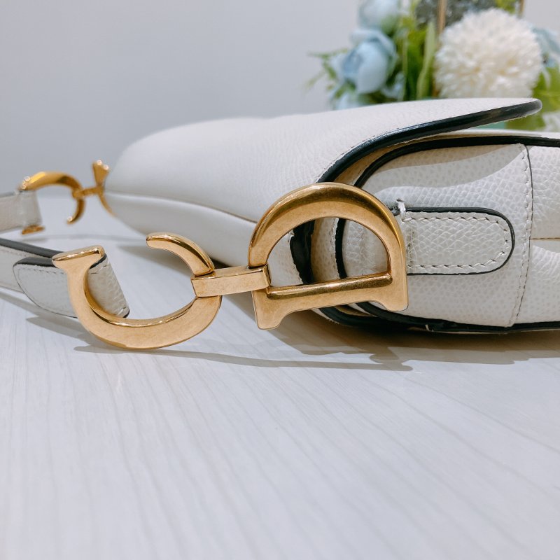 TK2036	 迪奧 迷你 白色 馬鞍包 Christian Dior Mini Saddle Bag With Strap Latte Grained Calfskin White X PHW-12