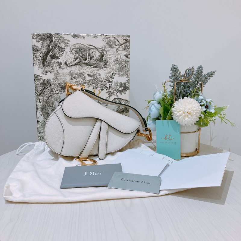 TK2036	 迪奧 迷你 白色 馬鞍包 Christian Dior Mini Saddle Bag With Strap Latte Grained Calfskin White X PHW-19