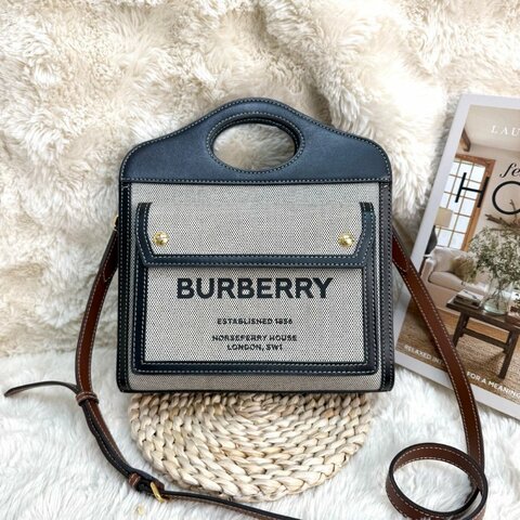 BURBERRY Pocket 口袋包 灰色拼黑色 字母印花 塗層帆布拼牛皮 mini
