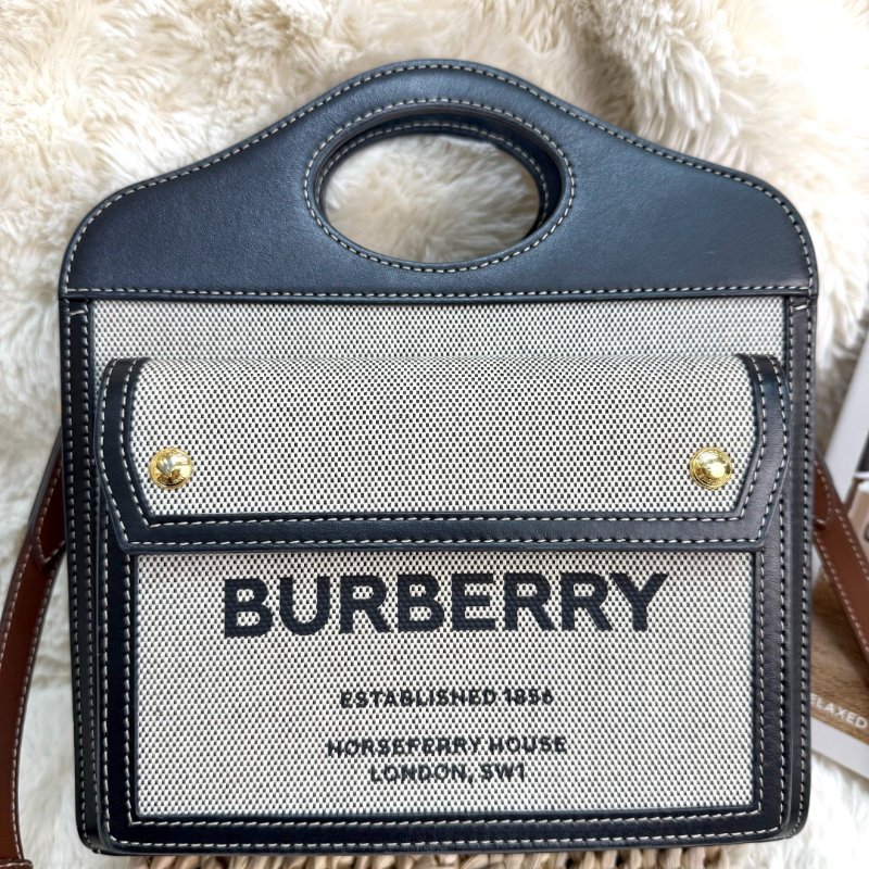 BURBERRY Pocket 口袋包 灰色拼黑色 字母印花 塗層帆布拼牛皮 mini-1