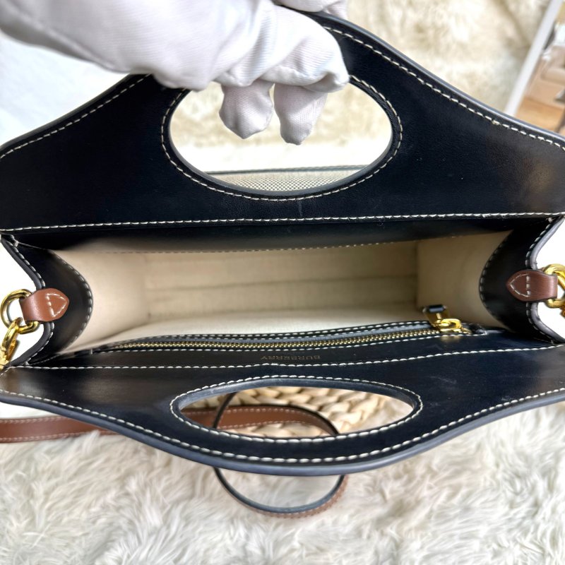 BURBERRY Pocket 口袋包 灰色拼黑色 字母印花 塗層帆布拼牛皮 mini-6