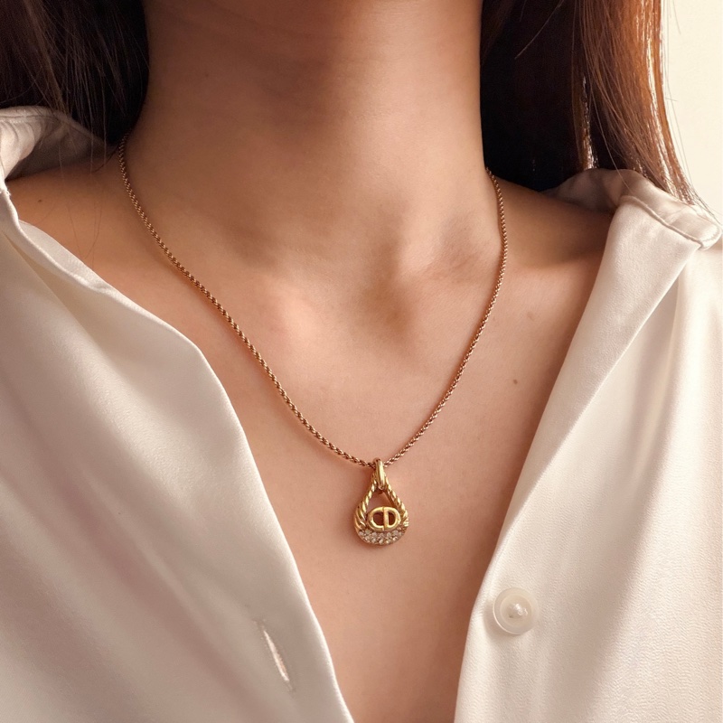 Dior 迪奧 鍍金 CD logo 水滴吊墜 萊茵石 項鏈 禮物-2