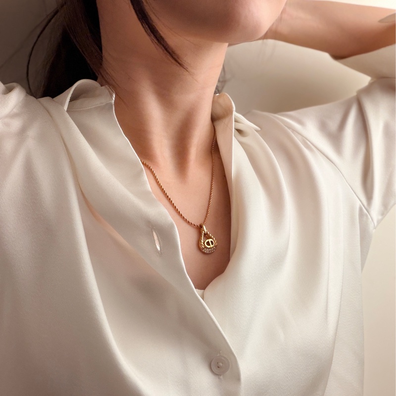 Dior 迪奧 鍍金 CD logo 水滴吊墜 萊茵石 項鏈 禮物-3