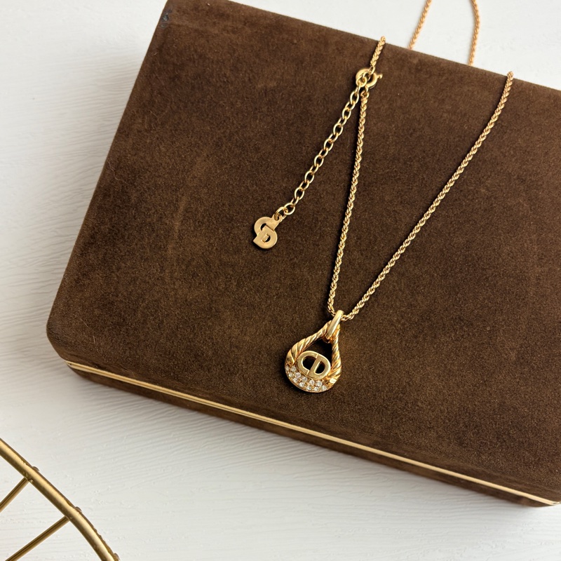 Dior 迪奧 鍍金 CD logo 水滴吊墜 萊茵石 項鏈 禮物-4