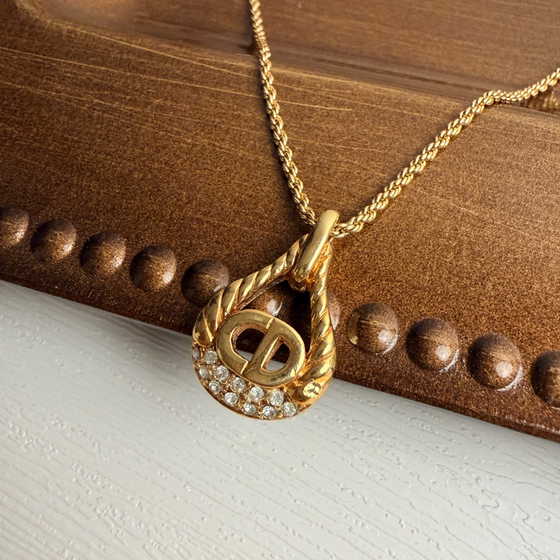 Dior 迪奧 鍍金 CD logo 水滴吊墜 萊茵石 項鏈 禮物-5