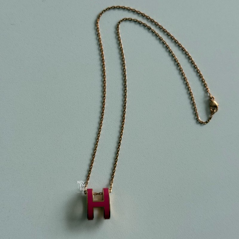 98新🩷 Hermès 愛馬仕 Pop H 項鍊 桃紅玫瑰金-3
