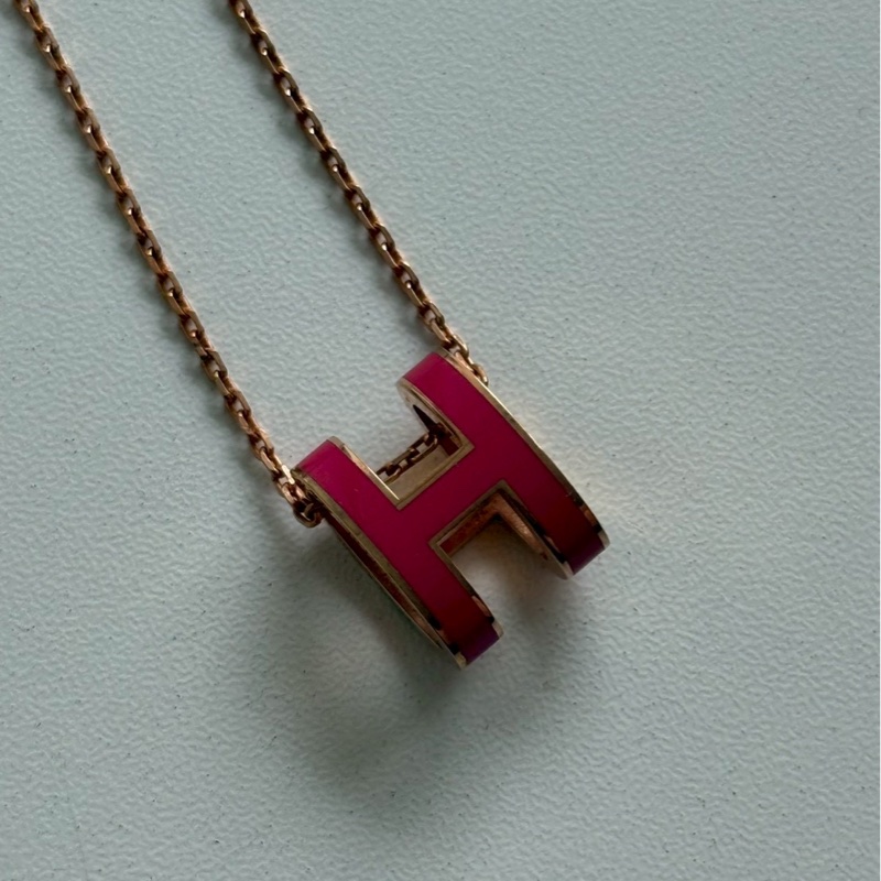 98新🩷 Hermès 愛馬仕 Pop H 項鍊 桃紅玫瑰金-5