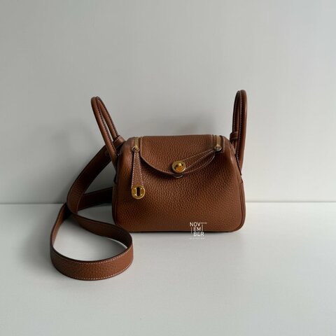 95新🤎 Hermès 愛馬仕 Mini Lindy 金棕金釦一代