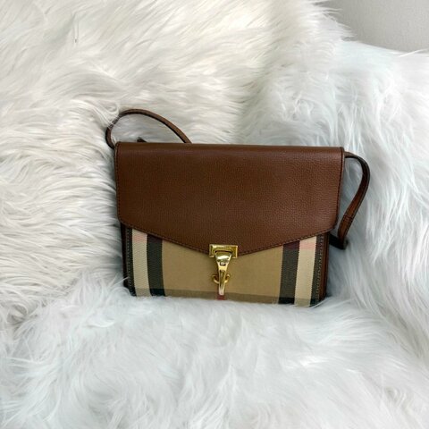 BURBERRY Macken 棕色拼多色 格紋 塗層帆布拼牛皮 郵差包