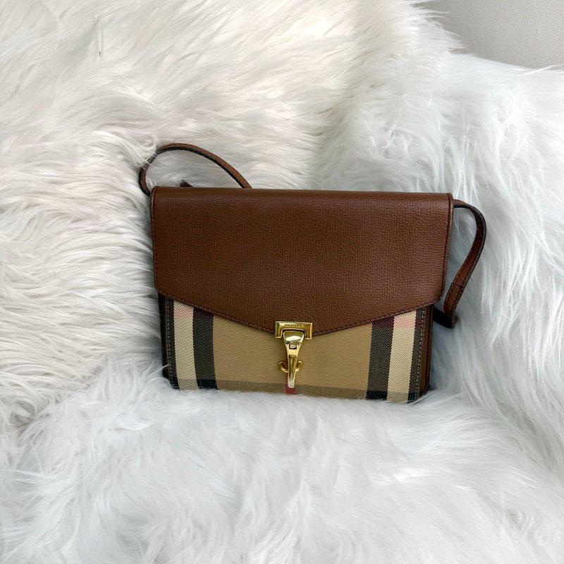 BURBERRY Macken 棕色拼多色 格紋 塗層帆布拼牛皮 郵差包-0