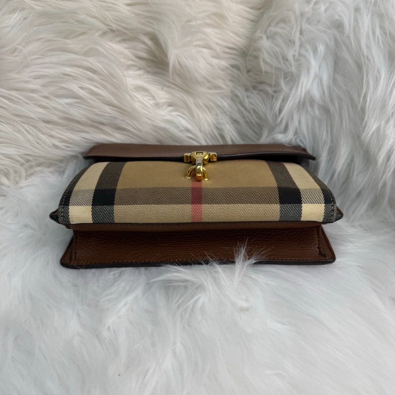 BURBERRY Macken 棕色拼多色 格紋 塗層帆布拼牛皮 郵差包-4