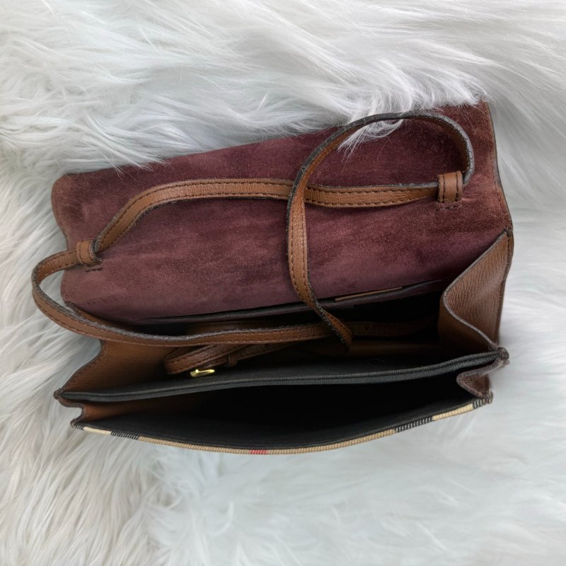 BURBERRY Macken 棕色拼多色 格紋 塗層帆布拼牛皮 郵差包-5