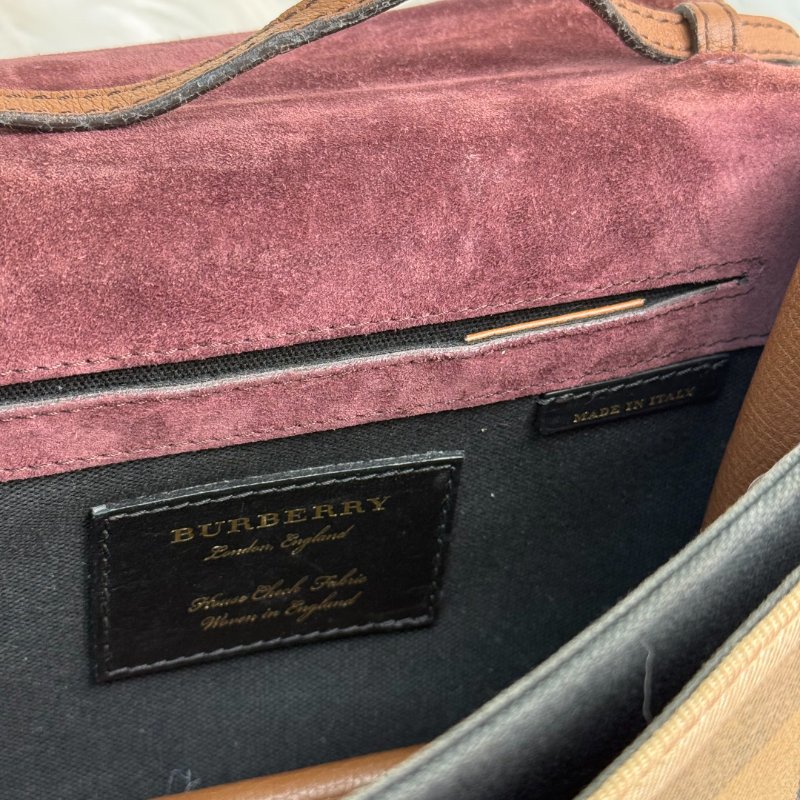 BURBERRY Macken 棕色拼多色 格紋 塗層帆布拼牛皮 郵差包-6