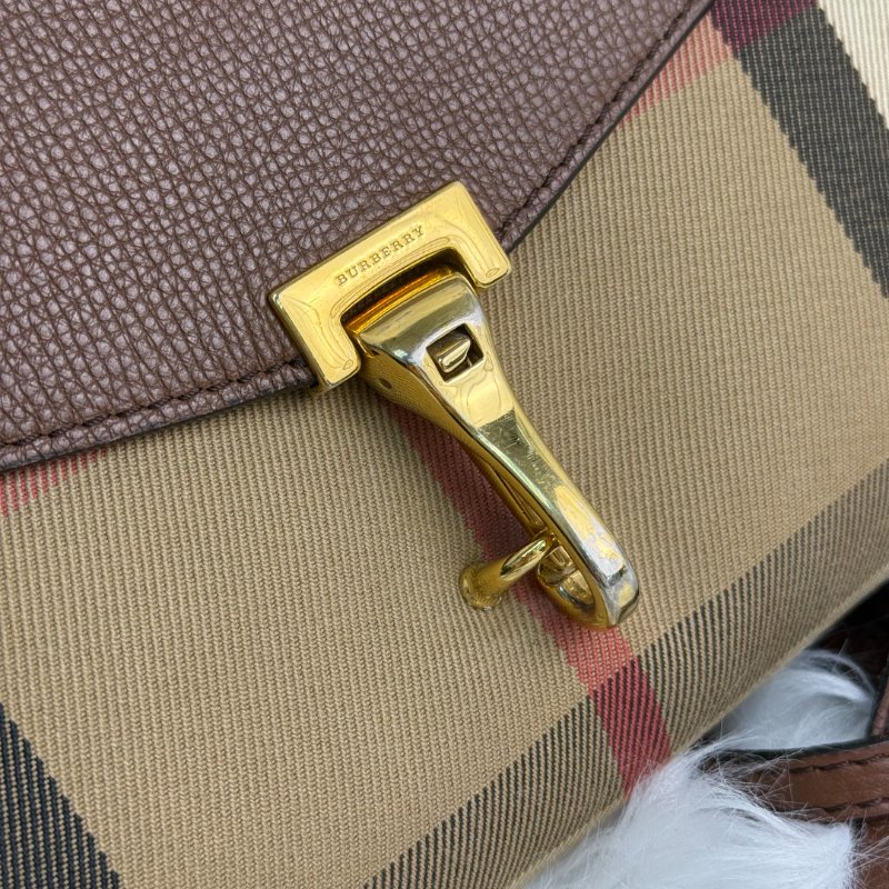 BURBERRY Macken 棕色拼多色 格紋 塗層帆布拼牛皮 郵差包-7