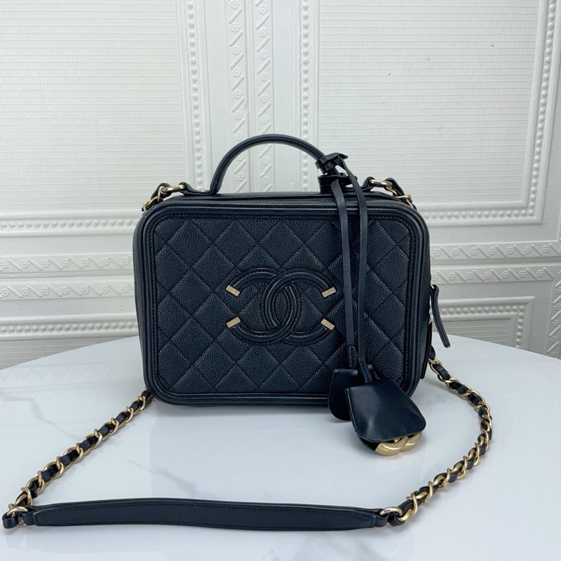 Chanel/香奈兒Vanity Case中號黑金荔枝牛皮相機包手提盒子包 、尺寸21*16、 27開有卡、97新-0