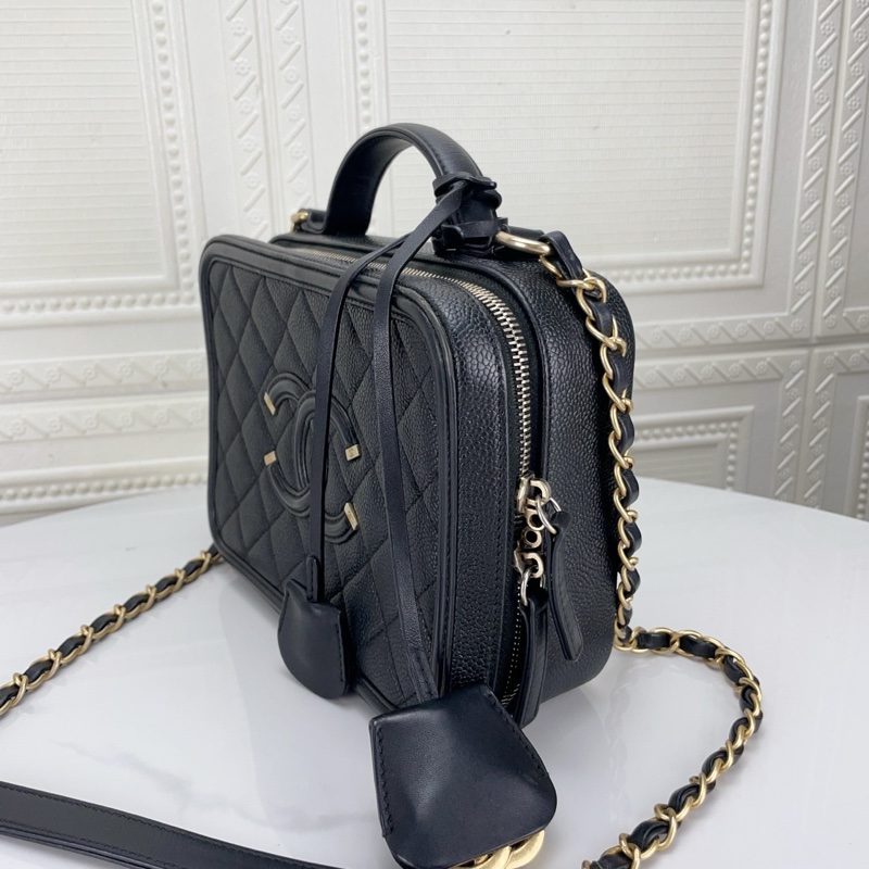 Chanel/香奈兒Vanity Case中號黑金荔枝牛皮相機包手提盒子包 、尺寸21*16、 27開有卡、97新-3