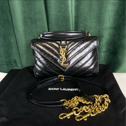 YSL College mini黑金油蠟皮手提斜挎包  24年編碼 搭配可拆卸的金屬鏈條 尺寸約20×13×3