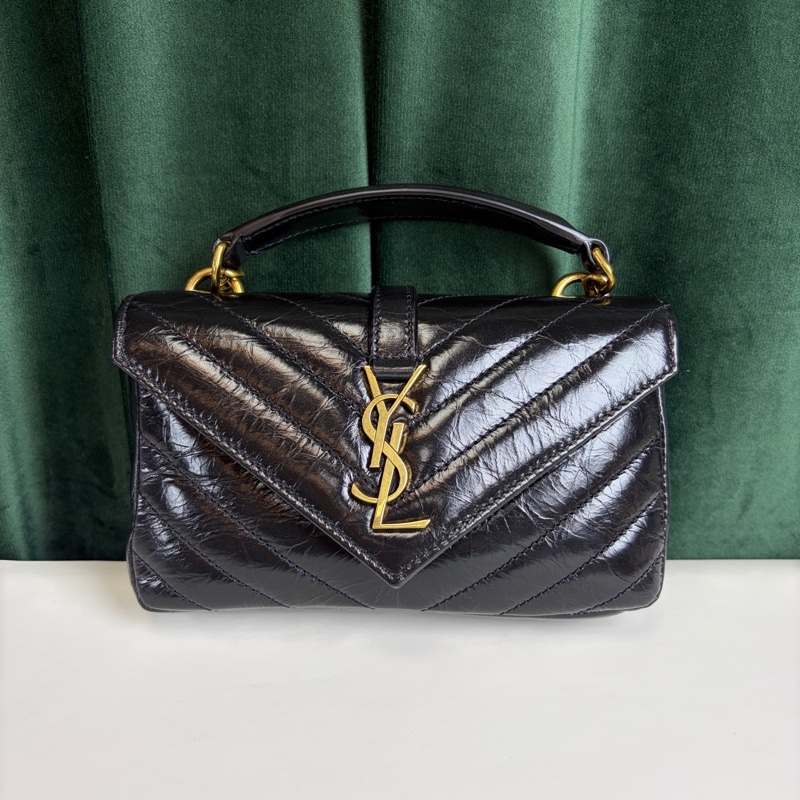 YSL College mini黑金油蠟皮手提斜挎包  24年編碼 搭配可拆卸的金屬鏈條 尺寸約20×13×3-1